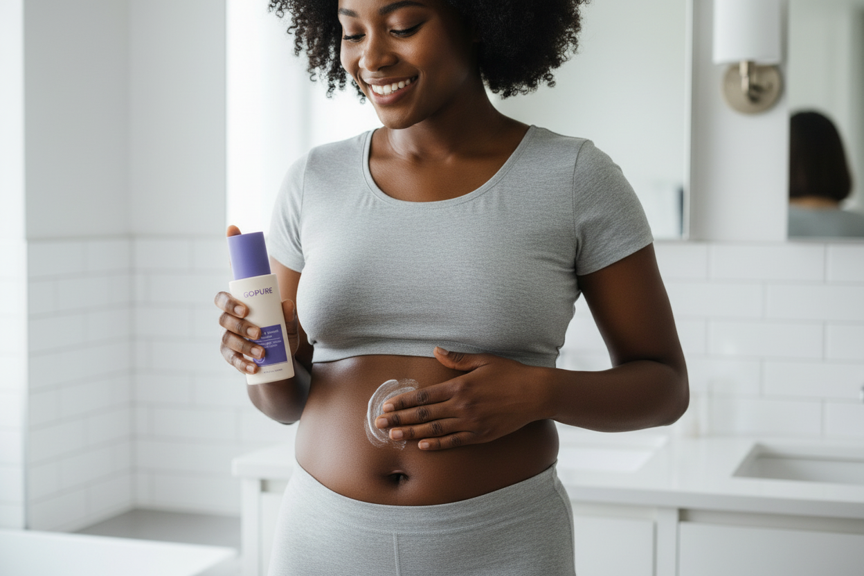 Black woman applying GoPure Belly Cream in bathroom