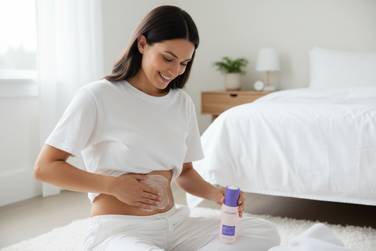 Woman applying GOPURE belly cream